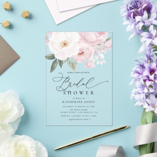 Waterverf roze en witte bloemen vrijgezellenfeest acryl uitnodigingen (Insitu (Huwelijk))