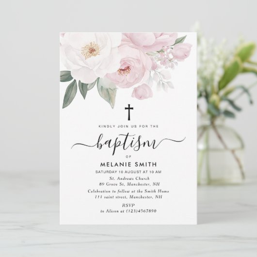 waterverf roze en witte bloemendoop kaart (Staand voorkant)