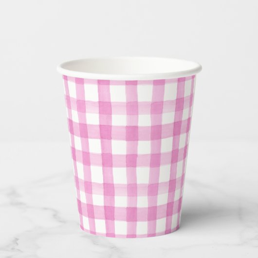 Waterverf Roze en Witte Gingham Papieren Bekers (Achterkant)