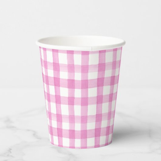 Waterverf Roze en Witte Gingham Papieren Bekers (Rechts)