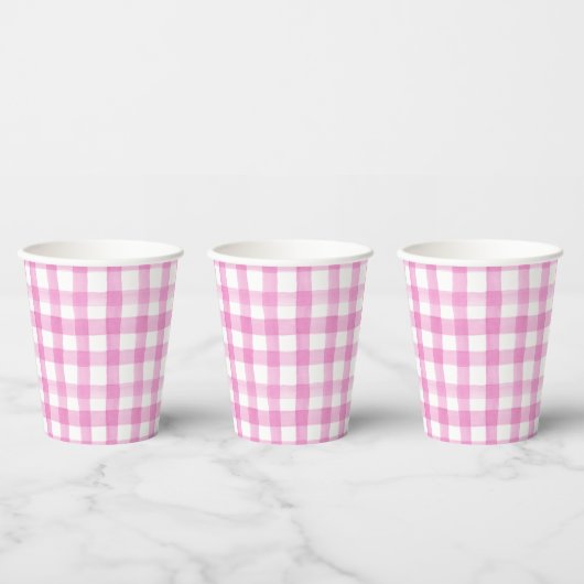 Waterverf Roze en Witte Gingham Papieren Bekers (Multi)