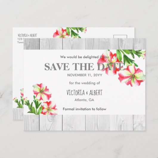 Waterverf Roze en Witte Petunias sparen de Datum Aankondigingskaart (Voorkant / Achterkant)