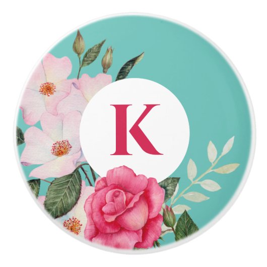 Waterverf Roze en Witte rozen Ronde Cirkel Keramische Knop (Voorkant)