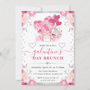 Waterverf Roze en Zilveren Bloemen Galentine's Dag Kaart