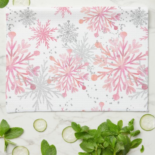 Waterverf Roze en zilverglitter Wintersneeuwvlokke Theedoek (Gevouwen)
