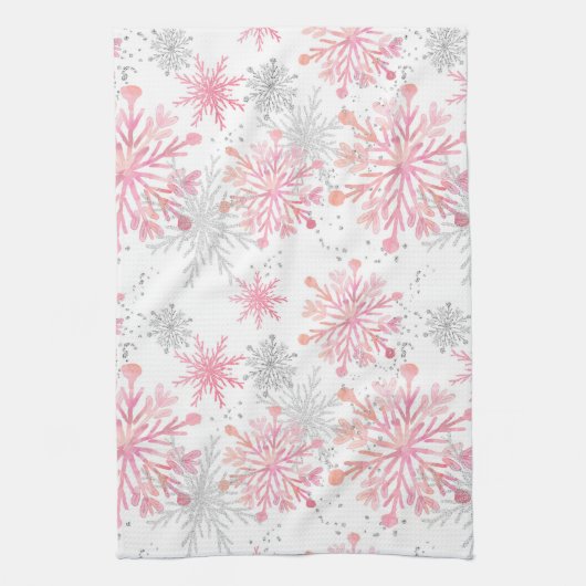 Waterverf Roze en zilverglitter Wintersneeuwvlokke Theedoek (Verticaal)