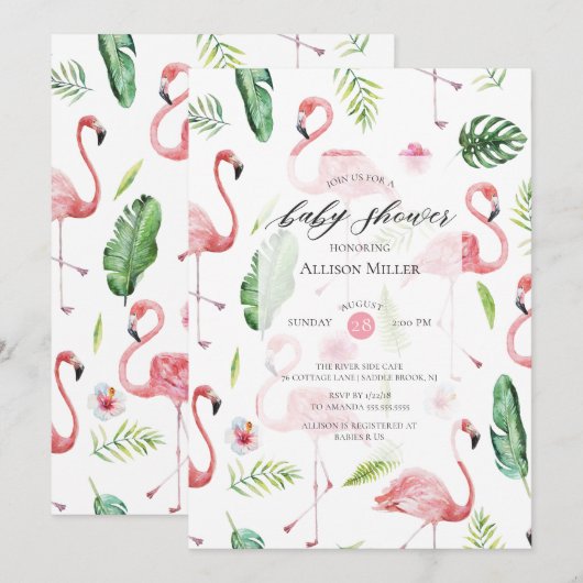 Waterverf Roze Flamingo Baby shower Invitation Kaart (Voorkant / Achterkant)