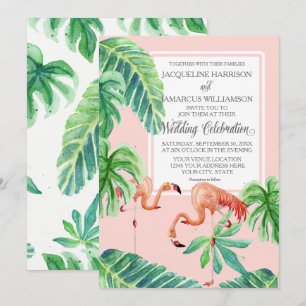 Waterverf Roze flamingo Beach Banana Leaves Kaart