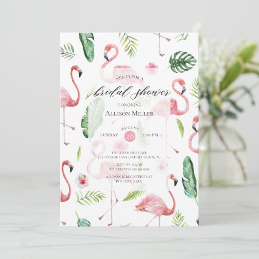 Waterverf Roze Flamingo Bruids Douche Uitnodiging (Staand voorkant)