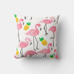 Waterverf roze flamingo en gele ananas kussen