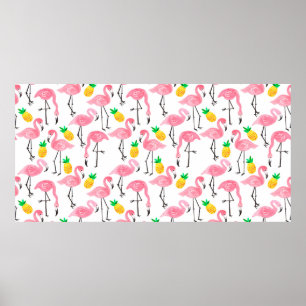 Waterverf roze flamingo en gele ananas poster