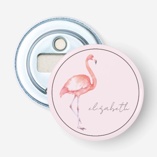 Waterverf Roze Flamingo Gepersonaliseerd Button Flesopener (Voorkant)