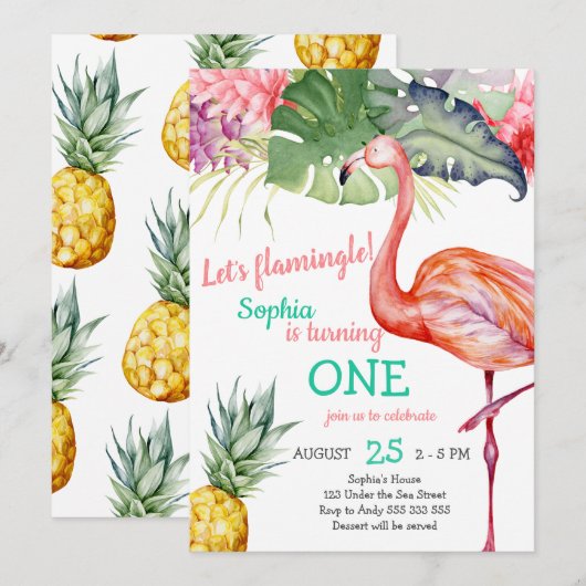 Waterverf Roze Flamingo Girl Eerste verjaardag Kaart (Voorkant / Achterkant)