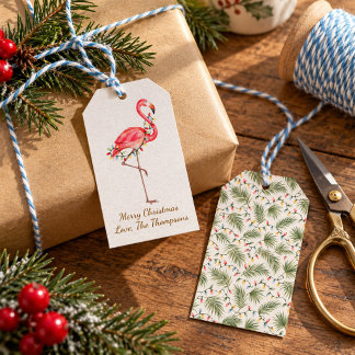 Waterverf Roze Flamingo Kerst Aangepast Cadeaulabel