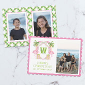 Waterverf Roze Flamingo Kerst Monogram Crest Feestdagenkaart