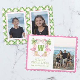 Waterverf Roze Flamingo Kerst Monogram Crest Feestdagenkaart