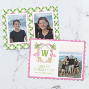 Waterverf Roze Flamingo Kerst Monogram Crest Feestdagenkaart