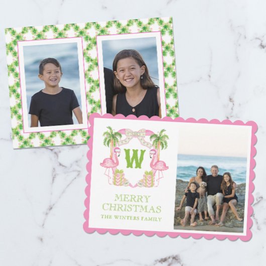 Waterverf Roze Flamingo Kerst Monogram Crest Feestdagenkaart