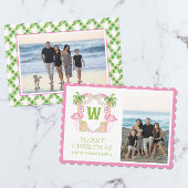 Waterverf Roze Flamingo Kerst Monogram Crest Feestdagenkaart