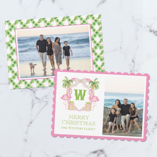 Waterverf Roze Flamingo Kerst Monogram Crest Feestdagenkaart