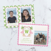 Waterverf Roze Flamingo Kerst Monogram Crest Feestdagenkaart