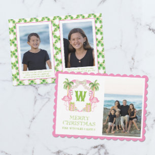 Waterverf Roze Flamingo Kerst Monogram Crest Feestdagenkaart