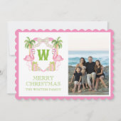 Waterverf Roze Flamingo Kerst Monogram Crest Feestdagenkaart (Voorkant)