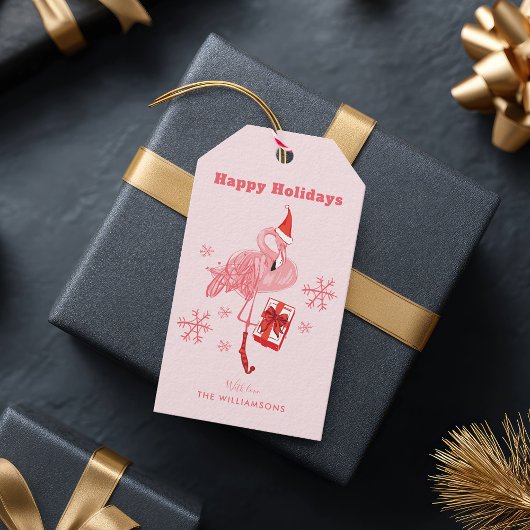 Waterverf Roze Flamingo Kerstvakantie Cadeaulabel