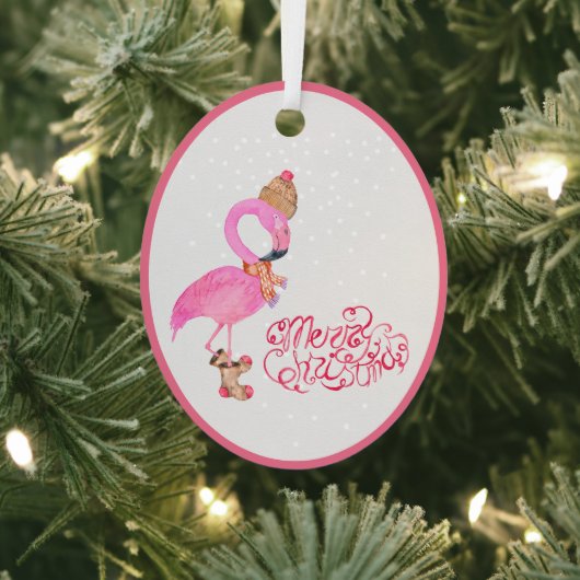 Waterverf Roze Flamingo Merry Kerstmis Metalen Ornament (Insitu)