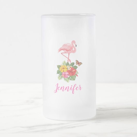 Waterverf Roze flamingo met Hibiscus Flowers Matglas Bierpul (Center)