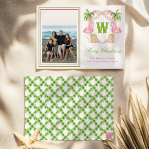 Waterverf Roze Flamingo Monogram Crest Foto Feestdagenkaart