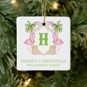 Waterverf Roze Flamingo Monogram Kam Kerst Keramisch Ornament