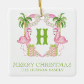 Waterverf Roze Flamingo Monogram Kam Kerst Keramisch Ornament (Voorkant)