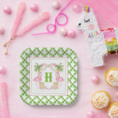 Waterverf Roze Flamingo Monogram Kam Kerst Papieren Bordje (Feest)