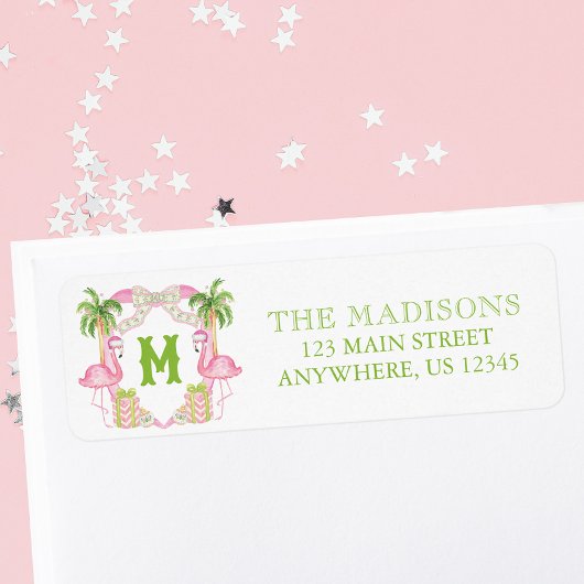 Waterverf Roze Flamingo Monogram Wapenschild Adres Etiket