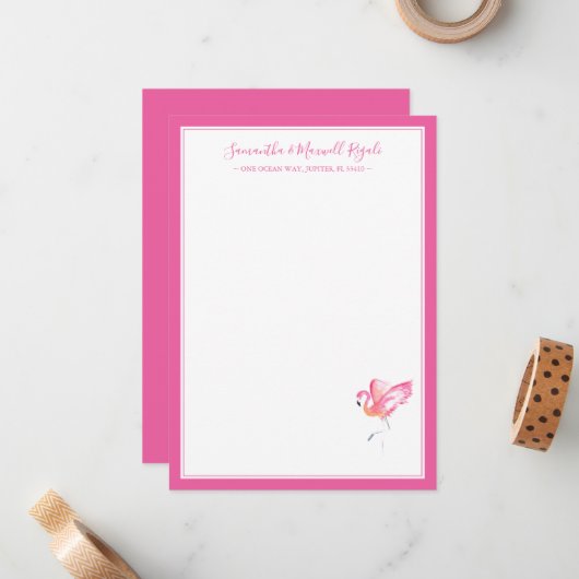 Waterverf Roze Flamingo Personal Stationery Notitiekaartje (Voorkant / Achterkant in situ)