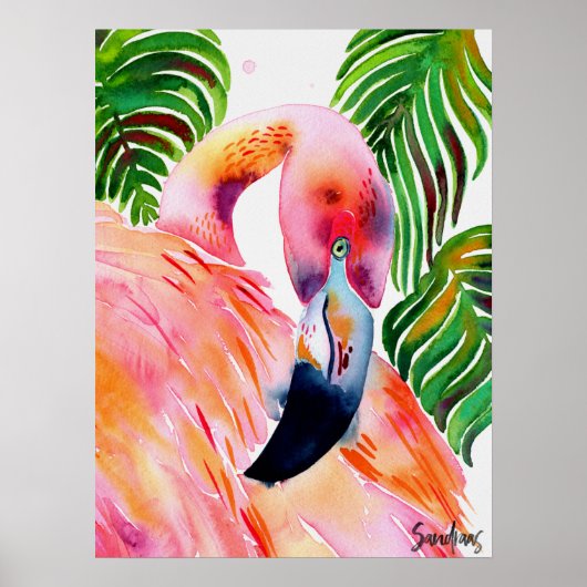 Waterverf Roze Flamingo Poster (Voorkant)