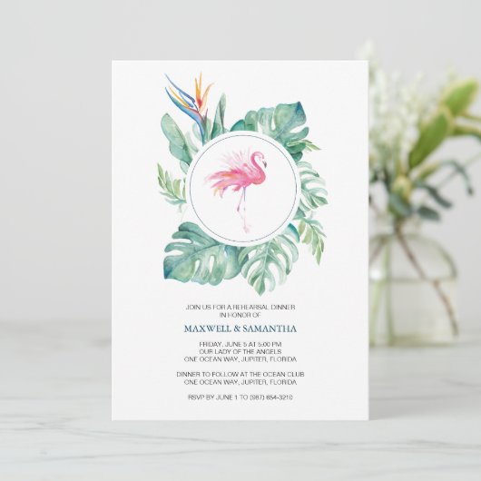 Waterverf Roze Flamingo Rehearsal Dinner Kaart (Staand voorkant)
