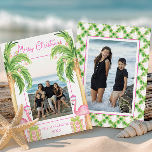 Waterverf Roze Flamingo Strand Kerst Foto Feestdagenkaart