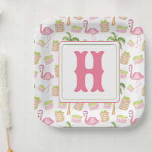Waterverf Roze Flamingo Strand Kerst Monogram Papieren Bordje