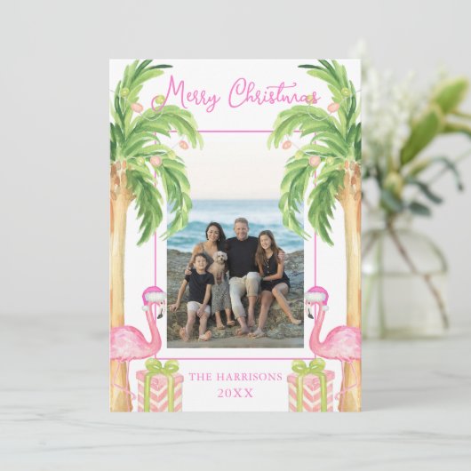 Waterverf Roze Flamingo Strand Kerstfoto Feestdagenkaart (Staand voorkant)