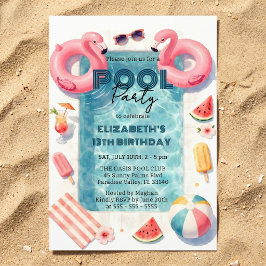 Waterverf Roze Flamingo Tiener Zomer Zwembad Feest Kaart