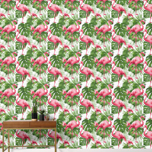 Waterverf Roze Flamingo Tropical Leaves Pattern Behang