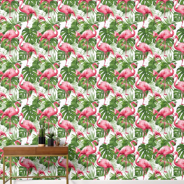 Waterverf Roze Flamingo Tropical Leaves Pattern Behang (Hal)