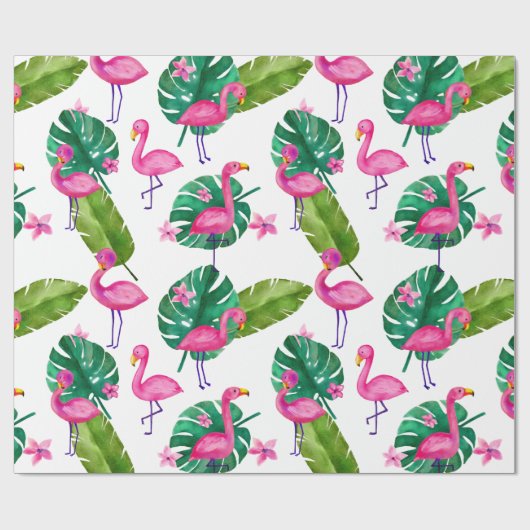 Waterverf Roze Flamingo Tropical Leaves Pattern Cadeaupapier (Vlak)