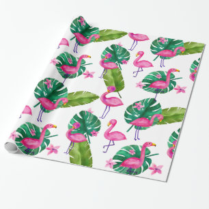 Waterverf Roze Flamingo Tropical Leaves Pattern Cadeaupapier