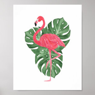 Waterverf Roze Flamingo Tropical Monstera Leaves Poster