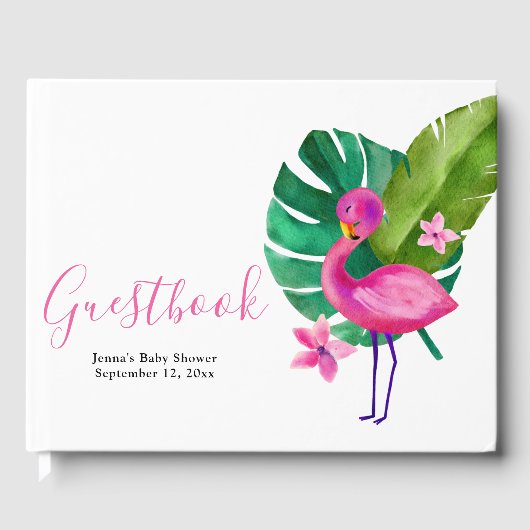 Waterverf Roze Flamingo Tropisch Baby shower Gastenboek (Voorkant)