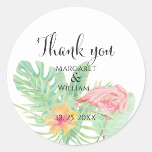 Waterverf roze Flamingo & Tropisch Groen Ronde Sticker
