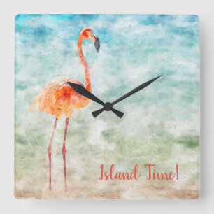 Waterverf Roze Flamingo   Tropische Eiland Tijd Vierkante Klok